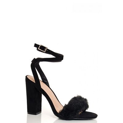 Black Faux Fur Detail Block Heel Sandals